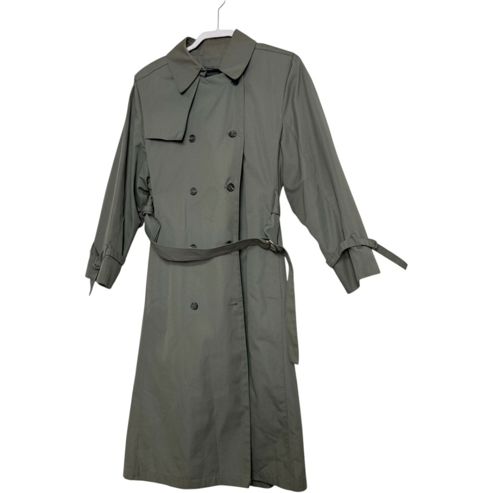 London Fog Vintage Trench Coat Gray Olive Double Breasted Plaid Liner 10 PET